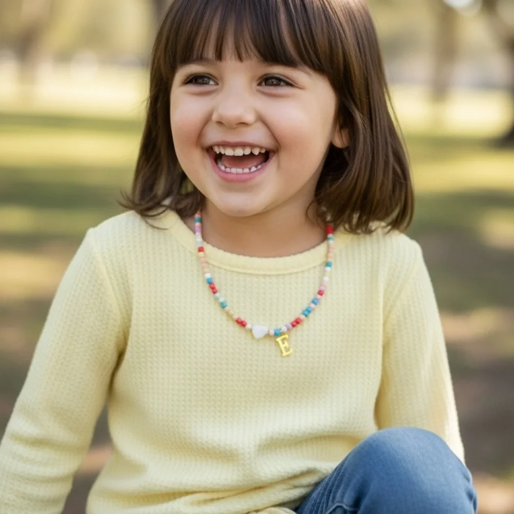 Colorful Beaded Kids Necklace with Heart and Initial E Charm